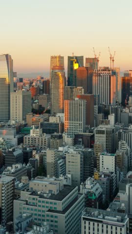 Time Lapse of shadows moving across the densely packed buildings of Tokyo Japan at sunrise. Vertical Video.