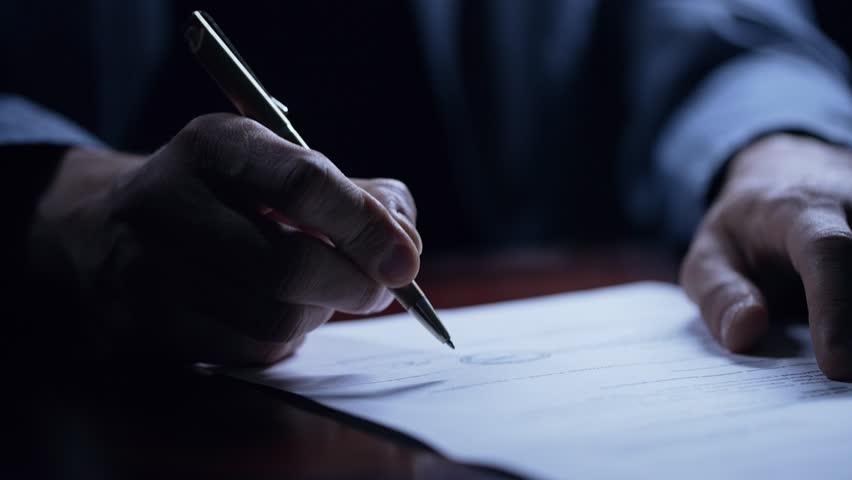 Man's Shaking Hands Signing Contract Under Duress