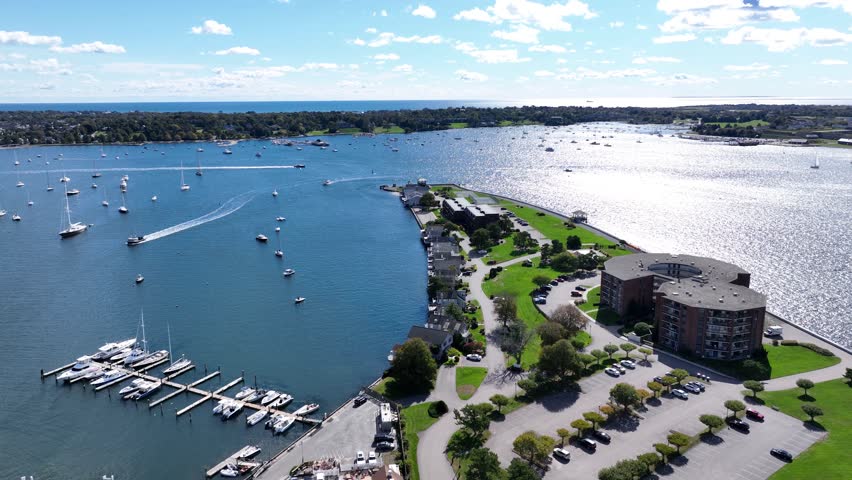 Goat Island aerial view including Goat Island Marina and Goat Island Lighthouse in Narragansett Bay, Newport, Rhode Island RI, USA. 