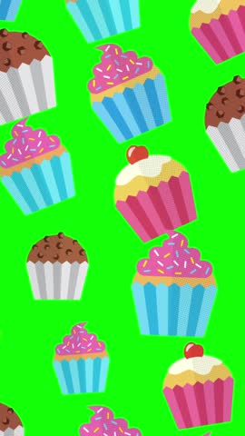 Cupcake Pattern Animation with Chroma Key Green Screen. Loop-ready Stop Motion. Perfect for vertical overlays and motion backgrounds.