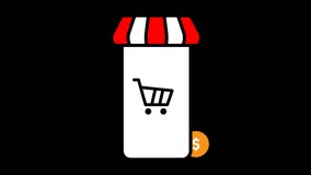 Animation showing online shopping mobile interface smartphone with shopping cart icon and red storefront awning. Dollar coin symbolizing digital payment. - Powered by Shutterstock - Get 15% off with code: PIKWIZARD15