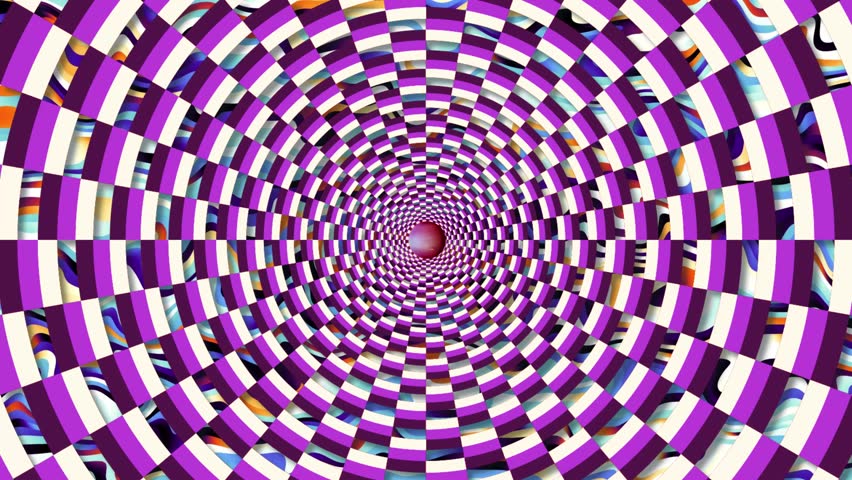 Circular tunnel rectangular chess purple and white rotating, checker board 3d animation, optical illusion loop footage colorful background for vj, dj, template, meditation, intro and outro video.