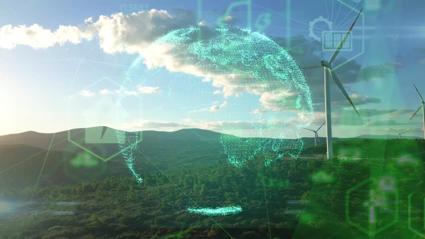 Alternative Energy. Wind farm. Aerial view of horizontal-axis wind turbines generating electricity Wind energy. Clean renewable energy technologies. Wind power plants. Animated visualization concept.