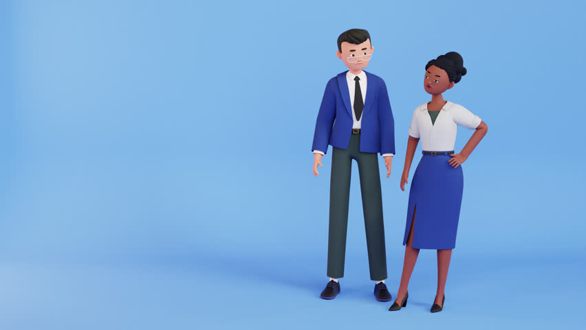 Woman and man character thinking, 3d render animation. uncertainty, question, no solution concept. hopelessness, despair. puzzled, confused person motion design. blue question marks
