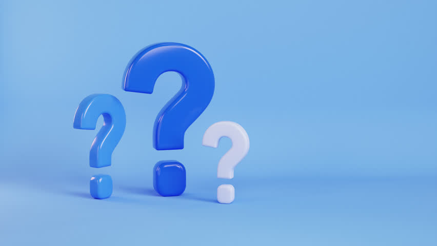 animation of question marks. 3d render, realistic style. look for answer, find a solution concept. problem-solving, curiosity. Research, analysis, FAQ. Blue plain background, copy space