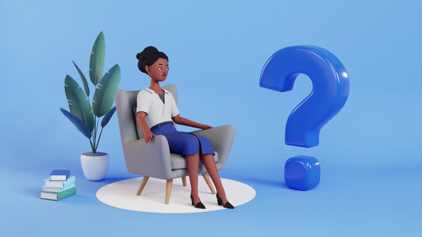 Woman character thinking, 3d render looped animation. Big question mark. uncertainty, question, no solution concept. hopelessness, despair. puzzled, confused person motion design