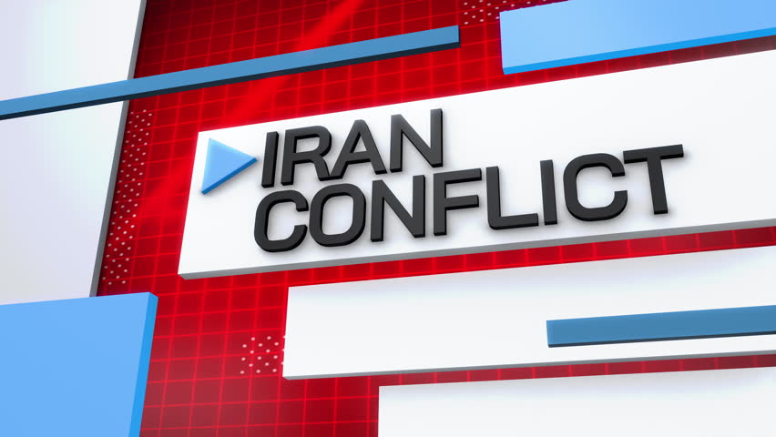 Dynamic green screen transition animation for a news segment titled "Iran Conflict," featuring bold text, a red grid background, and moving blue and white graphics. Designed for impactful geopolitical