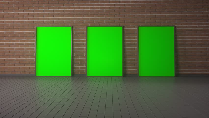 Three Vertical Green Screen Posters Against Brick Wall in Modern Interior