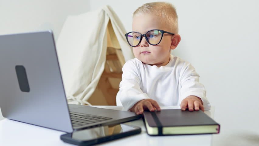 Cute 2 year old boy dressed as a businessman sits at a table and works with a laptop. Toddler boy in glasses looks at the laptop monitor.