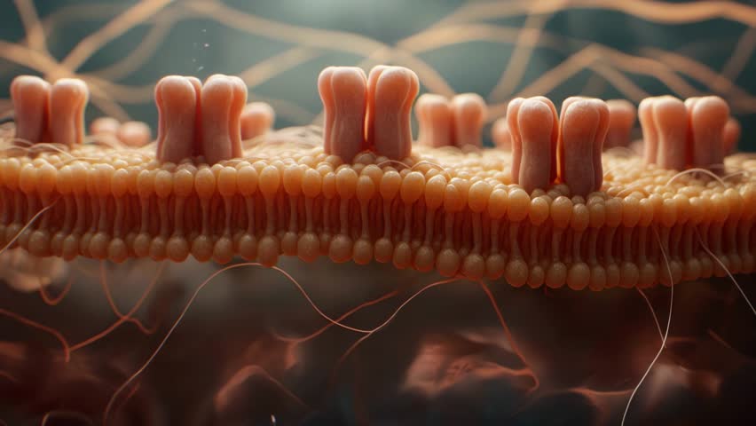 Ion channels opening and closing in cell membrane