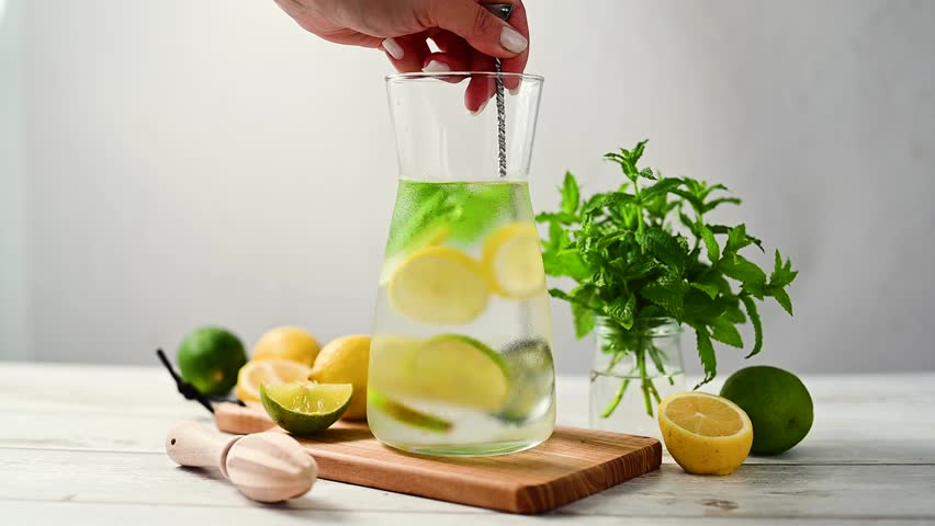 Lemonade with lemons, limes and fresh mint. Female hand mixing summer refreshing, homemade lemonade. 