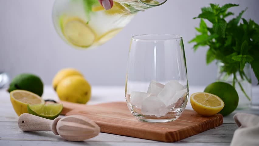 Lemonade with lemons, limes and fresh mint. Pouring lemonade in drinking glass with ice cubes