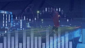 Training jogger surveying city lights shifting into jogging as finance charts animating on rooftop. Urban, fitness, data, technology, motivation, lifestyle, modern - Powered by Shutterstock - Get 15% off with code: PIKWIZARD15