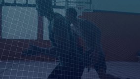 Players rising and running across court with 3D bar chart, line graph showcasing sports analytics. Athletics, teamwork, performance, training, data visualization, fitness, motion - Powered by Shutterstock - Get 15% off with code: PIKWIZARD15