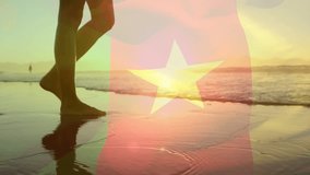 Woman stepping into surf connecting travel with semi-transparent red star overlay on sunset beach. Seashore, relaxation, tranquility, sunset, nature, leisure, elegance - Powered by Shutterstock - Get 15% off with code: PIKWIZARD15
