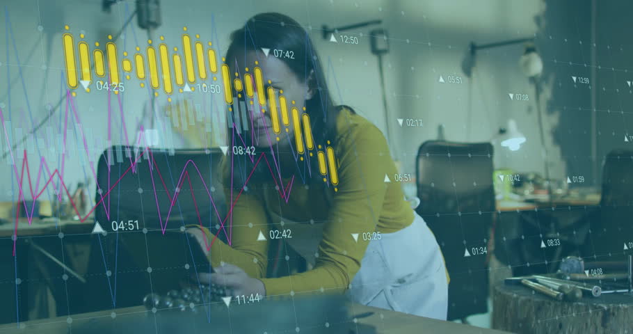 Leaning over business workbench and typing on laptop, artisan tapping smartphone and making call. Creativity, productivity, workspace, craftsmanship, modern, innovation, focus