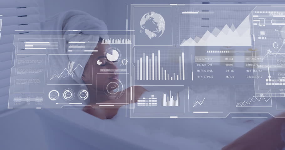 Upon opening eyes, woman swiping holographic data panels monitoring business growth while soaking. Futuristic, relaxation, technology, wellness, digital, graphic, tranquility