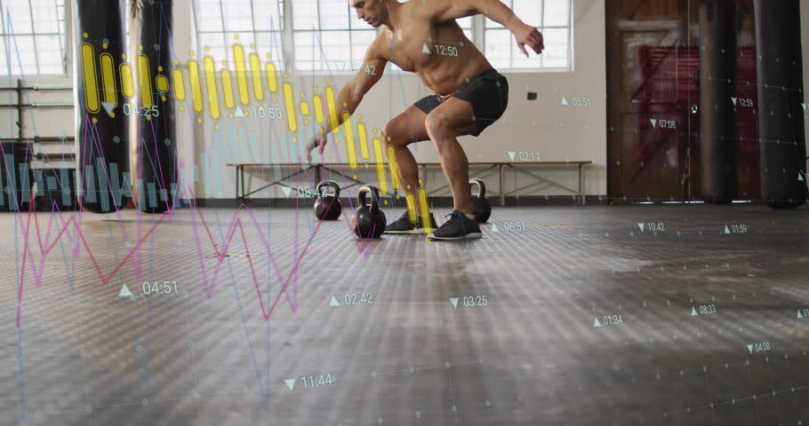 Man gripping kettlebell and performing single-arm clean swing press for strength training in gym. Strength, fitness, workout, athletic, power, training, motion