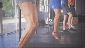 Fitness group initiating jump roping shifting from closeup to full view with tracking graph overlay. Athletics, cardio, exercise, teamwork, high intensity, vibrant, dynamic - Powered by Shutterstock - Get 15% off with code: PIKWIZARD15