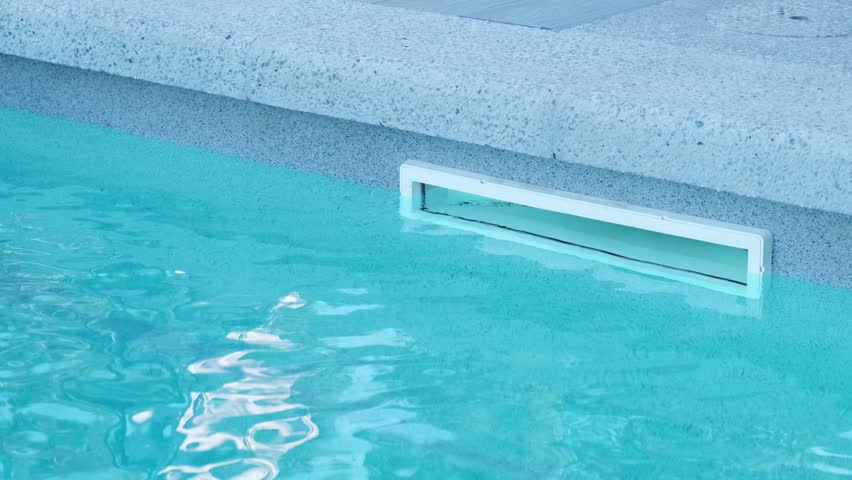 Section of a swimming pool edge with a skimmer for water filtration. The blue water reflects daylight, creating a sense of cleanliness and comfort. Modern materials emphasize a neat design
