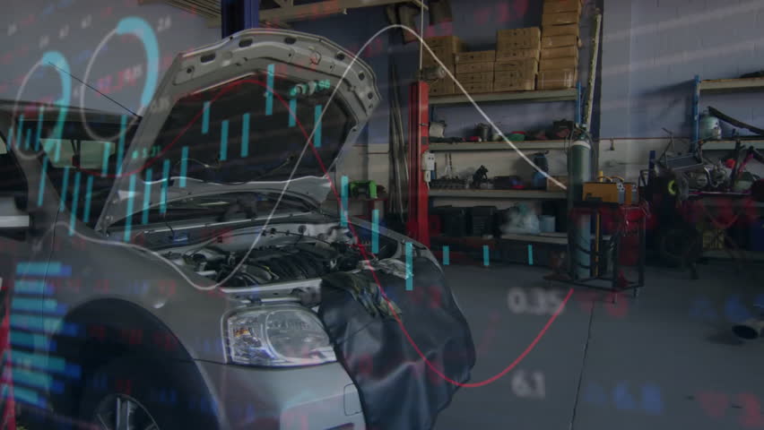Data visuals fading in over pickup engine, bars growing and bubbles drifting to show metrics. Technology, analytics, innovation, industrial, mechanical, engineering, automation