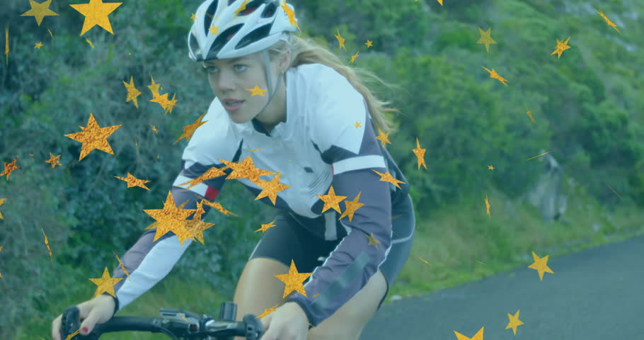 Cyclist pedaling uphill on mountain road, initiating animated stars highlighting fitness motion. Adventure, endurance, motivation, outdoor, activewear, scenic, determination