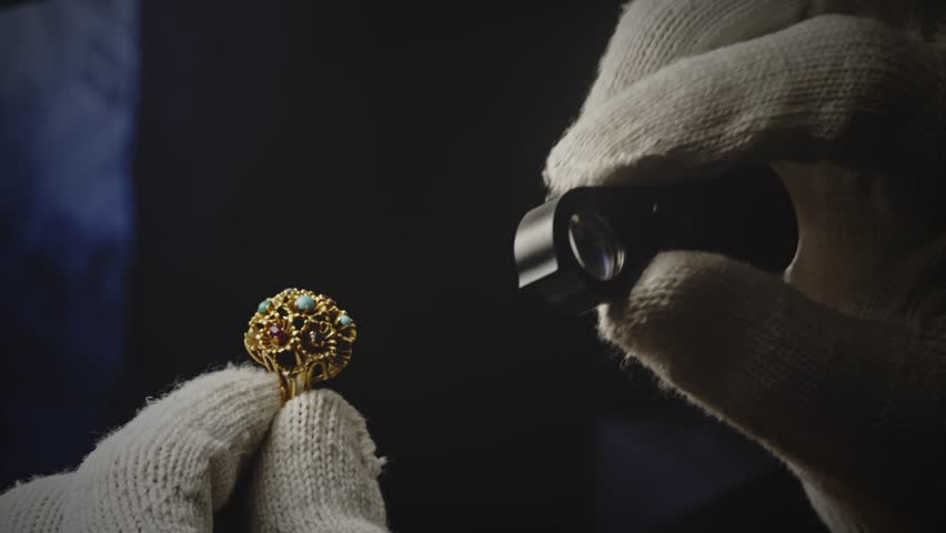Jewellery expert examines antique ring jewels with loupe CLOSE-UP
