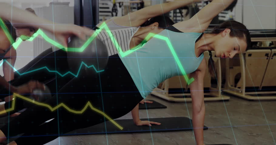 Fitness instructor signaling class holding side plank lifting ball with animated lines showing core. Group exercise, core workout, strength training, motion, balance, wellness, motivation