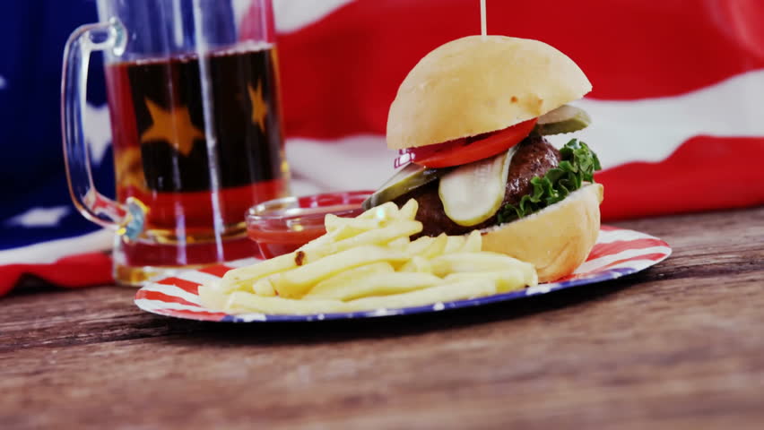 White node appearing over burger bun launching network showing links across fries mug and flag. Patriotic, digital, high-tech, food, americana, network, innovation