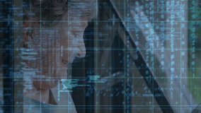 Senior woman tapping smartphone and swiping screen at home, displaying animated code grid interface. Technology, senior, digital, innovation, lifestyle, interface, futuristic - Powered by Shutterstock - Get 15% off with code: PIKWIZARD15