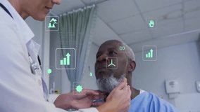 Doctor palpating patient neck and initiating animated medical metrics illustrating thyroid health. Medical, healthcare, diagnostic, digital, technology, analysis, clinical - Powered by Shutterstock - Get 15% off with code: PIKWIZARD15