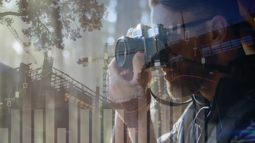 Raising camera to eye, photographer capturing construction site progress with financial charts. Industrial, progress, data, visualization, architecture, engineering, documentation