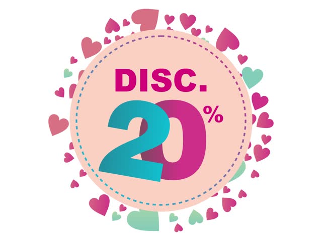 Charming animation of 20% discount with soft tones and surrounding heart shapes. Suited for niche store offers, wedding promos, and event marketing.