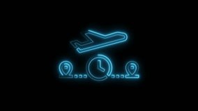 Neon airplane icon with location markers and clock travel concept animation - Powered by Shutterstock - Get 15% off with code: PIKWIZARD15