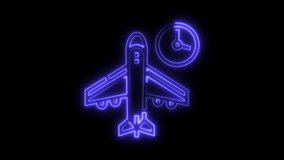 Glowing neon airplane with clock on black background indicating flight schedules and travel times - Powered by Shutterstock - Get 15% off with code: PIKWIZARD15