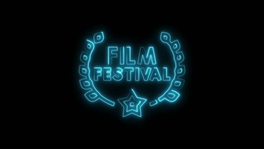 Neon film festival title motion graphics with laurel wreath and star on dark background