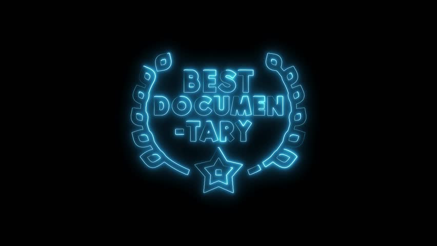 Neon animated best documentary award badge with laurel wreath and star on black