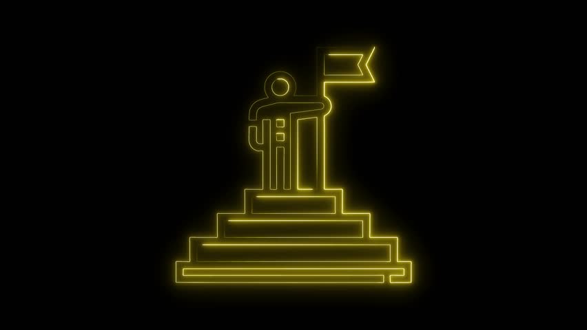 Neon outline of person achieving success on staircase with flag on black background