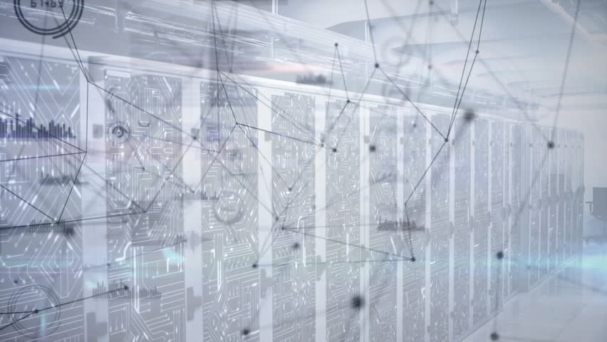 Digital overlay fading over server cabinets linking nodes and pulsing charts visualizing data flow. Technology, networking, data, digital, infrastructure, cyber, innovation - Powered by Shutterstock - Get 15% off with code: PIKWIZARD15