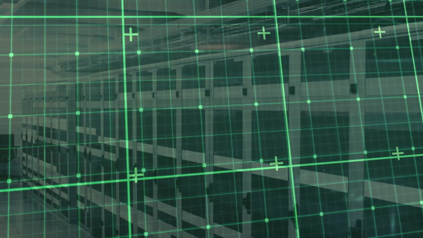 Green grid overlay appearing then scanning multi-story concrete corridor facade for digital survey. Technology, innovation, architecture, engineering, data, analysis, interface