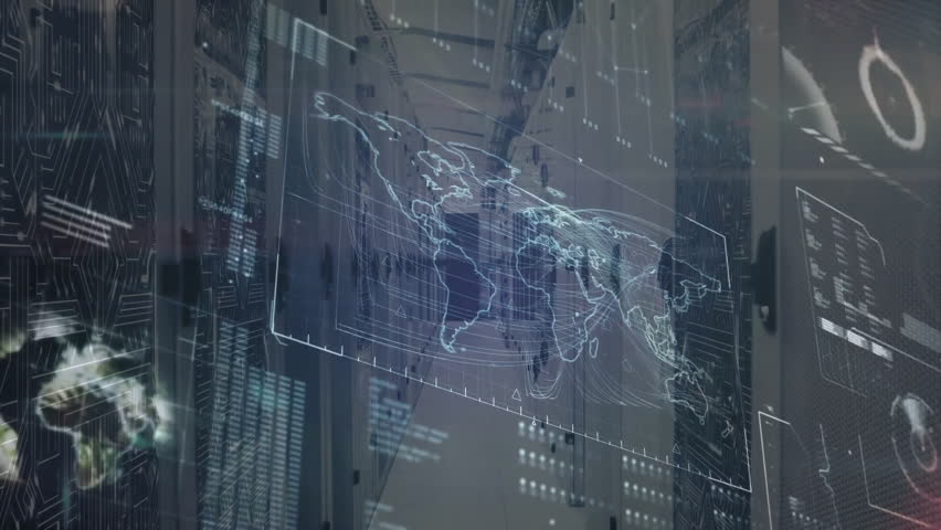 Holographic world map flickering as red glow emerging and pulsing for network monitoring in aisle. Technology, data center, futuristic, digital interface, cybersecurity, network, innovation - Powered by Shutterstock - Get 15% off with code: PIKWIZARD15