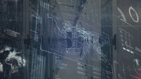 Holographic world map flickering as red glow emerging and pulsing for network monitoring in aisle. Technology, data center, futuristic, digital interface, cybersecurity, network, innovation - Powered by Shutterstock - Get 15% off with code: PIKWIZARD15