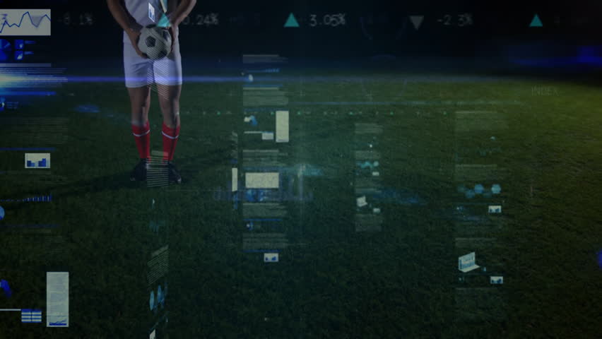 Male soccer player juggling ball under lights as floating panels appearing tracking analytics. Athlete, sports, performance, training, data visualization, biomechanics, innovation - Powered by Shutterstock - Get 15% off with code: PIKWIZARD15
