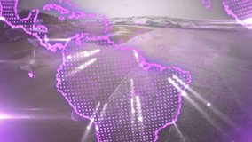 Emerging purple globe rotating and tracing links to visualize data then dissolving into shoreline. Holographic, digital, futuristic, network, connectivity, technology, landscape - Powered by Shutterstock - Get 15% off with code: PIKWIZARD15