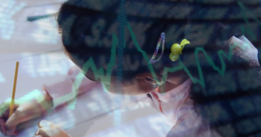 Schoolgirl scribbling in notebook activating financial chart lines rising around pencil during zoom. Education, youth, concentration, innovation, mentorship, learning, development