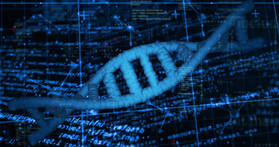 On data update, 3D DNA helix rotating clockwise and translating rightward to visualize pulsing code. Futuristic, biotech, visualization, digital, molecular, scientific, high-tech