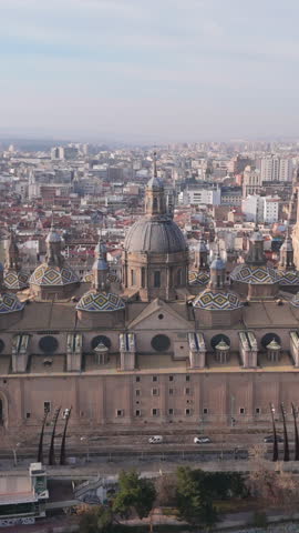 Vertical aerial view of Cathedral-Basilica of Our Lady of the Pillar in Zaragoza, Spain