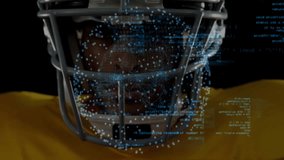 Football player holding ball below facemask and driving tech with teal code scanning helmet face. Sports, cybersecurity, innovation, digital, data, technology, athleticism - Powered by Shutterstock - Get 15% off with code: PIKWIZARD15