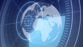 Globe appearing in digital scene rotating rings pulsing spotlight projecting gridlines showing data. Futuristic, data visualization, global network, technology, cyber, digital interface, innovation - Powered by Shutterstock - Get 15% off with code: PIKWIZARD15