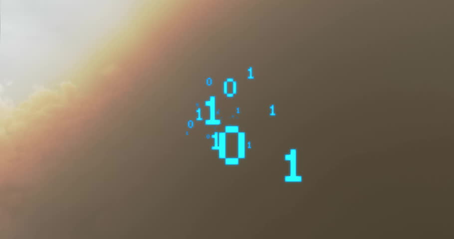 Binary digits cluster appearing above warm cloud deck, camera gliding forward showing data flow. Technology, digital, futuristic, abstract, innovation, data, cyberspace